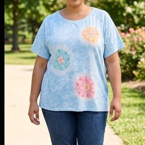 Democracy Light Blue Tie-Dye Floral Short Sleeve Top SIZE 2X